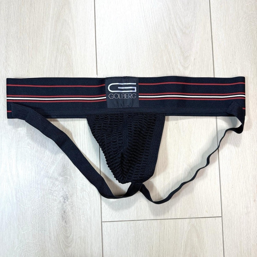 Golberg Men Athletic Supporter Jockstrap Black Mesh Pouch Striped Waistband L/XL